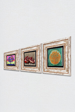Lotus Çiçeği, Hayat Ağacı, Nar Taş Duvar Tablosu Çerçeveli Duvar Dekoru 3 Parça Tablo Seti Wall Art