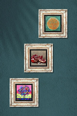 Lotus Çiçeği, Hayat Ağacı, Nar Taş Duvar Tablosu Çerçeveli Duvar Dekoru 3 Parça Tablo Seti Wall Art