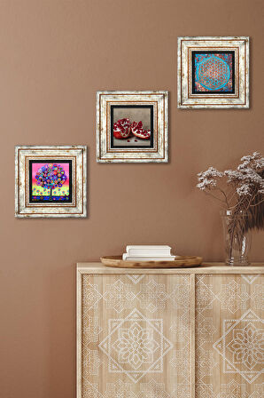 Yaşam Çiçeği, Karla Gerard Hayat Ağacı, Nar Taş Duvar Tablosu Çerçeveli Duvar Dekoru 3 Parça Tablo Seti Wall Art