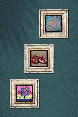 Yaşam Çiçeği, Karla Gerard Hayat Ağacı, Nar Taş Duvar Tablosu Çerçeveli Duvar Dekoru 3 Parça Tablo Seti Wall Art