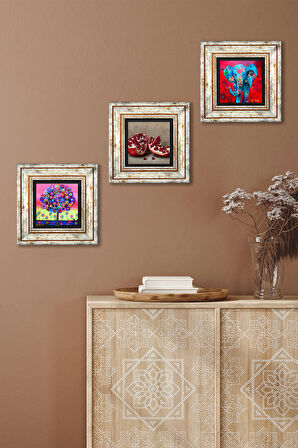 Fil, Hayat Ağacı, Nar Taş Duvar Tablosu Çerçeveli Duvar Dekoru 3 Parça Tablo Seti Wall Art