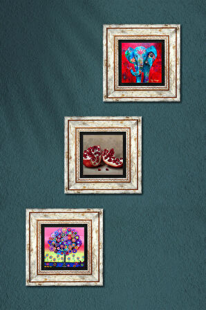 Fil, Hayat Ağacı, Nar Taş Duvar Tablosu Çerçeveli Duvar Dekoru 3 Parça Tablo Seti Wall Art