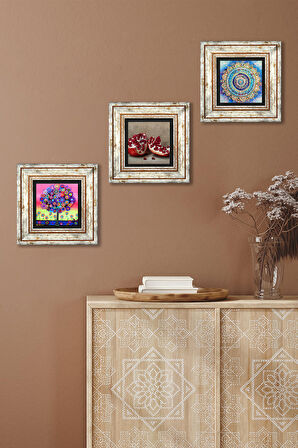 Mandala, Hayat Ağacı, Nar Taş Duvar Tablosu Çerçeveli Duvar Dekoru 3 Parça Tablo Seti Wall Art