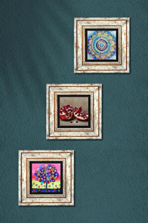 Mandala, Hayat Ağacı, Nar Taş Duvar Tablosu Çerçeveli Duvar Dekoru 3 Parça Tablo Seti Wall Art
