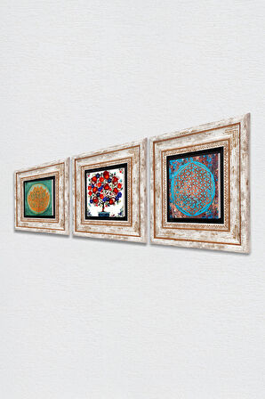 Yaşam Çiçeği, Lotus Çiçeği, Nar Ağacı Taş Duvar Tablosu Çerçeveli Duvar Dekoru 3 Parça Tablo Seti Wall Art