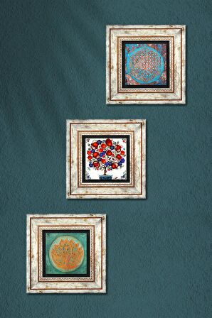 Yaşam Çiçeği, Lotus Çiçeği, Nar Ağacı Taş Duvar Tablosu Çerçeveli Duvar Dekoru 3 Parça Tablo Seti Wall Art