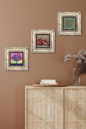 Mandala, Hayat Ağacı, Nar Taş Duvar Tablosu Çerçeveli Duvar Dekoru 3 Parça Tablo Seti Wall Art