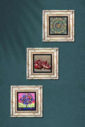 Mandala, Hayat Ağacı, Nar Taş Duvar Tablosu Çerçeveli Duvar Dekoru 3 Parça Tablo Seti Wall Art