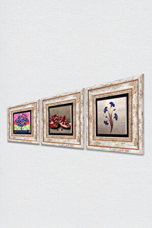 Ebru Sanatı, Hayat Ağacı, Nar Taş Duvar Tablosu Çerçeveli Duvar Dekoru 3 Parça Tablo Seti Wall Art