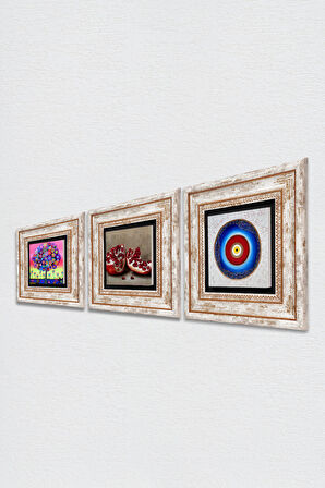 Nazar, Hayat Ağacı, Nar Taş Duvar Tablosu Çerçeveli Duvar Dekoru 3 Parça Tablo Seti Wall Art