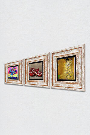 Gustav Klimt, Karla Gerard Hayat Ağacı, Nar Taş Duvar Tablosu Çerçeveli Duvar Dekoru 3 Parça Tablo Seti Wall Art