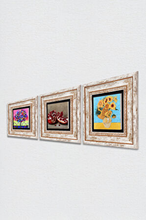 Van Gogh On İki Ayçiçekli Vazo, Hayat Ağacı, Nar Taş Duvar Tablosu Çerçeveli Duvar Dekoru 3 Parça Tablo Seti Wall Art