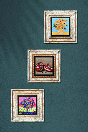 Van Gogh On İki Ayçiçekli Vazo, Hayat Ağacı, Nar Taş Duvar Tablosu Çerçeveli Duvar Dekoru 3 Parça Tablo Seti Wall Art