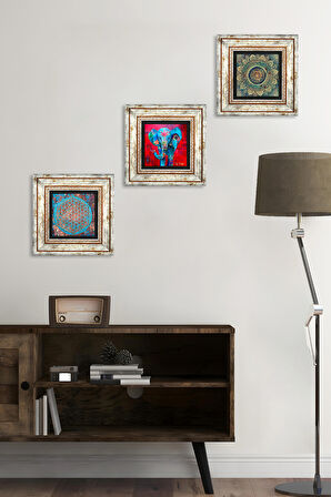 Mandala, Fil, Yaşam Çiçeği Taş Duvar Tablosu Çerçeveli Duvar Dekoru 3 Parça Tablo Seti Wall Art