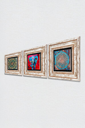 Mandala, Fil, Yaşam Çiçeği Taş Duvar Tablosu Çerçeveli Duvar Dekoru 3 Parça Tablo Seti Wall Art