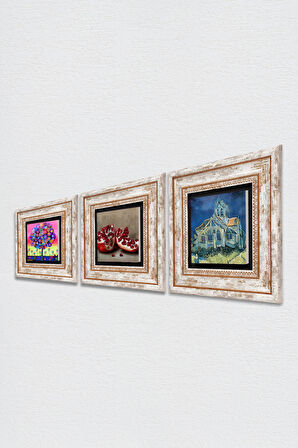 Van Gogh Auvers'deki Kilise, Karla Gerard Hayat Ağacı, Nar Taş Duvar Tablosu Çerçeveli Duvar Dekoru 3 Parça Tablo Seti Wall Art