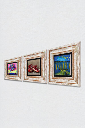 Van Gogh Ren Nehri’nde Yıldızlı Bir Gece, Hayat Ağacı, Nar Taş Duvar Tablosu Çerçeveli Duvar Dekoru 3 Parça Tablo Seti Wall Art