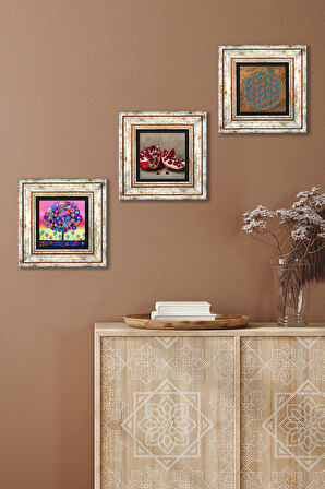 Yaşam Çiçeği, Karla Gerard Hayat Ağacı, Nar Taş Duvar Tablosu Çerçeveli Duvar Dekoru 3 Parça Tablo Seti Wall Art