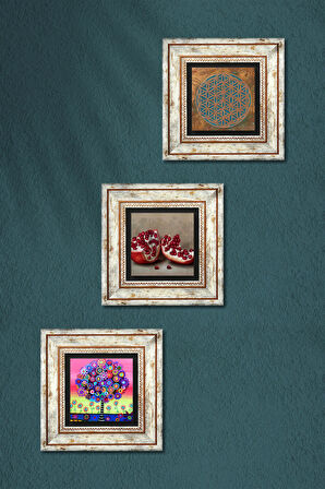 Yaşam Çiçeği, Karla Gerard Hayat Ağacı, Nar Taş Duvar Tablosu Çerçeveli Duvar Dekoru 3 Parça Tablo Seti Wall Art