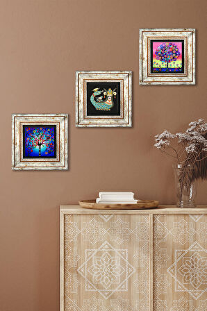 Hayat Ağacı, Şahmeran Taş Duvar Tablosu Çerçeveli Duvar Dekoru 3 Parça Tablo Seti Wall Art