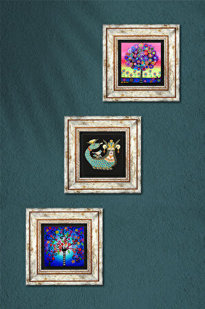 Hayat Ağacı, Şahmeran Taş Duvar Tablosu Çerçeveli Duvar Dekoru 3 Parça Tablo Seti Wall Art