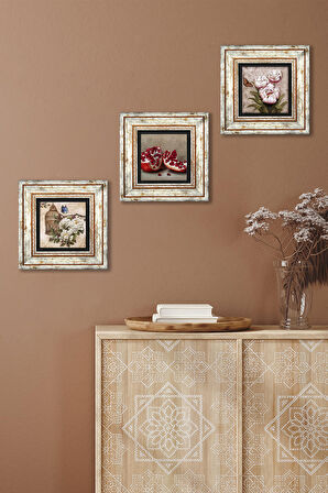 Kelebekli Çiçek, Nar Taş Duvar Tablosu Çerçeveli Duvar Dekoru 3 Parça Tablo Seti Wall Art