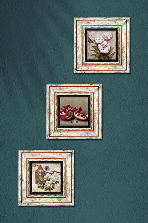 Kelebekli Çiçek, Nar Taş Duvar Tablosu Çerçeveli Duvar Dekoru 3 Parça Tablo Seti Wall Art