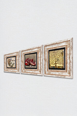 Gustav Klimt Hayat Ağacı, Kelebekli Çiçek, Nar Taş Duvar Tablosu Çerçeveli Duvar Dekoru 3 Parça Tablo Seti Wall Art