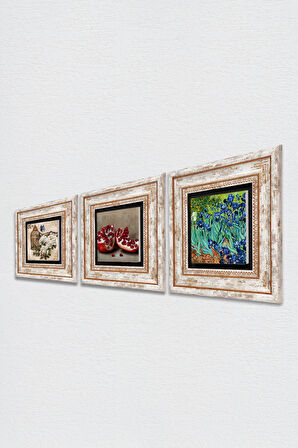 Van Gogh İrisler, Kelebekli Çiçek, Nar Taş Duvar Tablosu Çerçeveli Duvar Dekoru 3 Parça Tablo Seti Wall Art