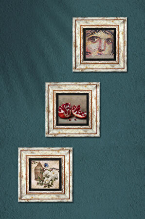 Çingene Kızı Mozaiği, Kelebekli Çiçek, Nar Taş Duvar Tablosu Çerçeveli Duvar Dekoru 3 Parça Tablo Seti Wall Art