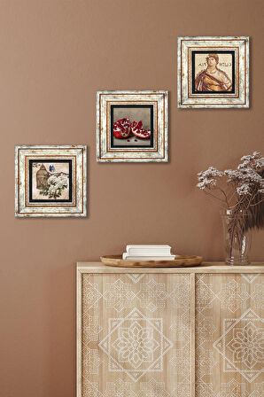 Soteria Mozaiği, Kelebekli Çiçek, Nar Taş Duvar Tablosu Çerçeveli Duvar Dekoru 3 Parça Tablo Seti Wall Art