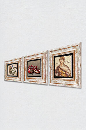 Soteria Mozaiği, Kelebekli Çiçek, Nar Taş Duvar Tablosu Çerçeveli Duvar Dekoru 3 Parça Tablo Seti Wall Art