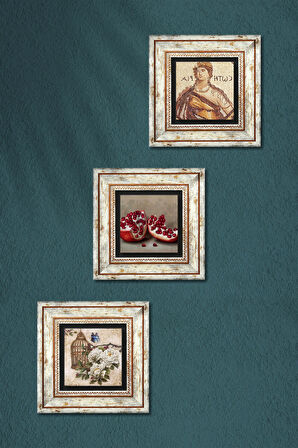 Soteria Mozaiği, Kelebekli Çiçek, Nar Taş Duvar Tablosu Çerçeveli Duvar Dekoru 3 Parça Tablo Seti Wall Art