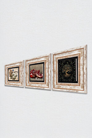 Hayat Ağacı, Kelebekli Çiçek, Nar Taş Duvar Tablosu Çerçeveli Duvar Dekoru 3 Parça Tablo Seti Wall Art