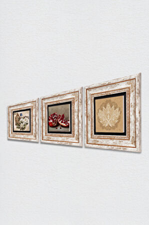 Lotus Çiçeği, Kelebekli Çiçek, Nar Taş Duvar Tablosu Çerçeveli Duvar Dekoru 3 Parça Tablo Seti Wall Art