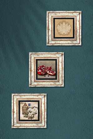 Lotus Çiçeği, Kelebekli Çiçek, Nar Taş Duvar Tablosu Çerçeveli Duvar Dekoru 3 Parça Tablo Seti Wall Art