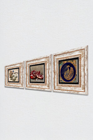 Tavus Kuşu, Kelebekli Çiçek, Nar Taş Duvar Tablosu Çerçeveli Duvar Dekoru 3 Parça Tablo Seti Wall Art