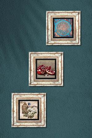 Yaşam Çiçeği, Kelebekli Çiçek, Nar Taş Duvar Tablosu Çerçeveli Duvar Dekoru 3 Parça Tablo Seti Wall Art