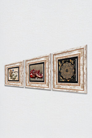 Sri Yantra, Kelebekli Çiçek, Nar Taş Duvar Tablosu Çerçeveli Duvar Dekoru 3 Parça Tablo Seti Wall Art