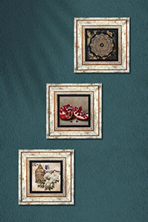 Sri Yantra, Kelebekli Çiçek, Nar Taş Duvar Tablosu Çerçeveli Duvar Dekoru 3 Parça Tablo Seti Wall Art