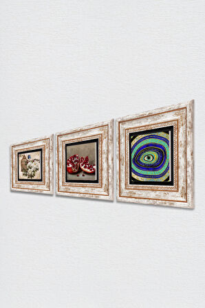 Nazar, Kelebekli Çiçek, Nar Taş Duvar Tablosu Çerçeveli Duvar Dekoru 3 Parça Tablo Seti Wall Art