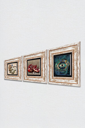 Nazar, Kelebekli Çiçek, Nar Taş Duvar Tablosu Çerçeveli Duvar Dekoru 3 Parça Tablo Seti Wall Art