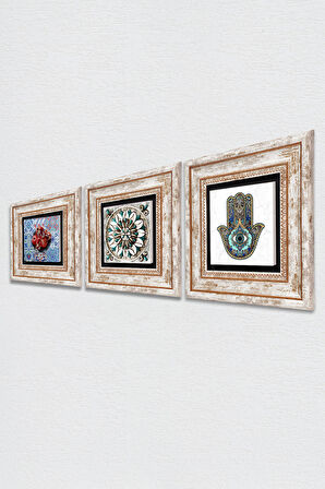 Çini Sanatı, Nar, Fatma Ana Eli (Hamsa) Taş Duvar Tablosu Çerçeveli Duvar Dekoru 3 Parça Tablo Seti Wall Art