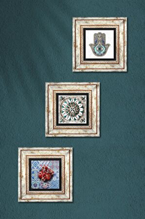 Çini Sanatı, Nar, Fatma Ana Eli (Hamsa) Taş Duvar Tablosu Çerçeveli Duvar Dekoru 3 Parça Tablo Seti Wall Art