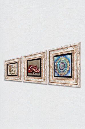 Mandala, Kelebekli Çiçek, Nar Taş Duvar Tablosu Çerçeveli Duvar Dekoru 3 Parça Tablo Seti Wall Art