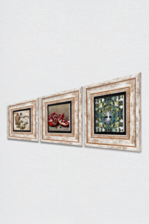 Hayat Ağacı, Kelebekli Çiçek, Nar Taş Duvar Tablosu Çerçeveli Duvar Dekoru 3 Parça Tablo Seti Wall Art