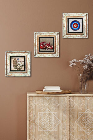 Nazar, Kelebekli Çiçek, Nar Taş Duvar Tablosu Çerçeveli Duvar Dekoru 3 Parça Tablo Seti Wall Art