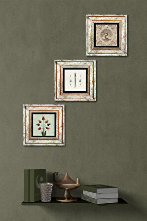 Lale Ebru Sanatı, Elif, Hayat Ağacı Taş Duvar Tablosu Çerçeveli Duvar Dekoru 3 Parça Tablo Seti Wall Art