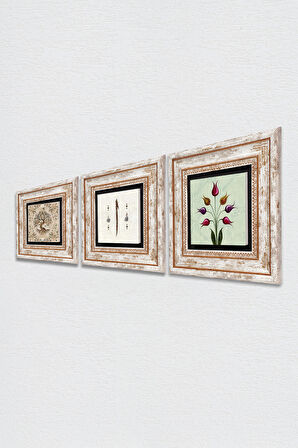 Lale Ebru Sanatı, Elif, Hayat Ağacı Taş Duvar Tablosu Çerçeveli Duvar Dekoru 3 Parça Tablo Seti Wall Art