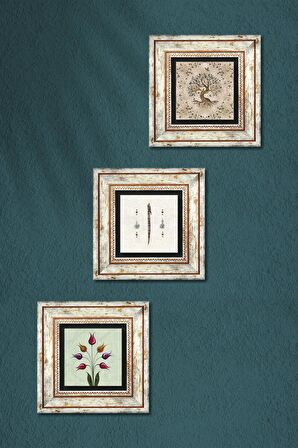 Lale Ebru Sanatı, Elif, Hayat Ağacı Taş Duvar Tablosu Çerçeveli Duvar Dekoru 3 Parça Tablo Seti Wall Art